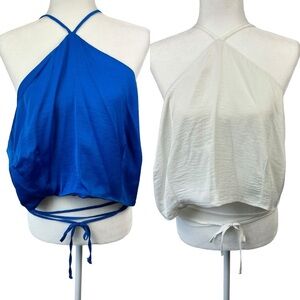 ELOQUII Bundle of 2 Satin Sheen Blue White Strappy Crop Top‎ Plus Size 22 Tie